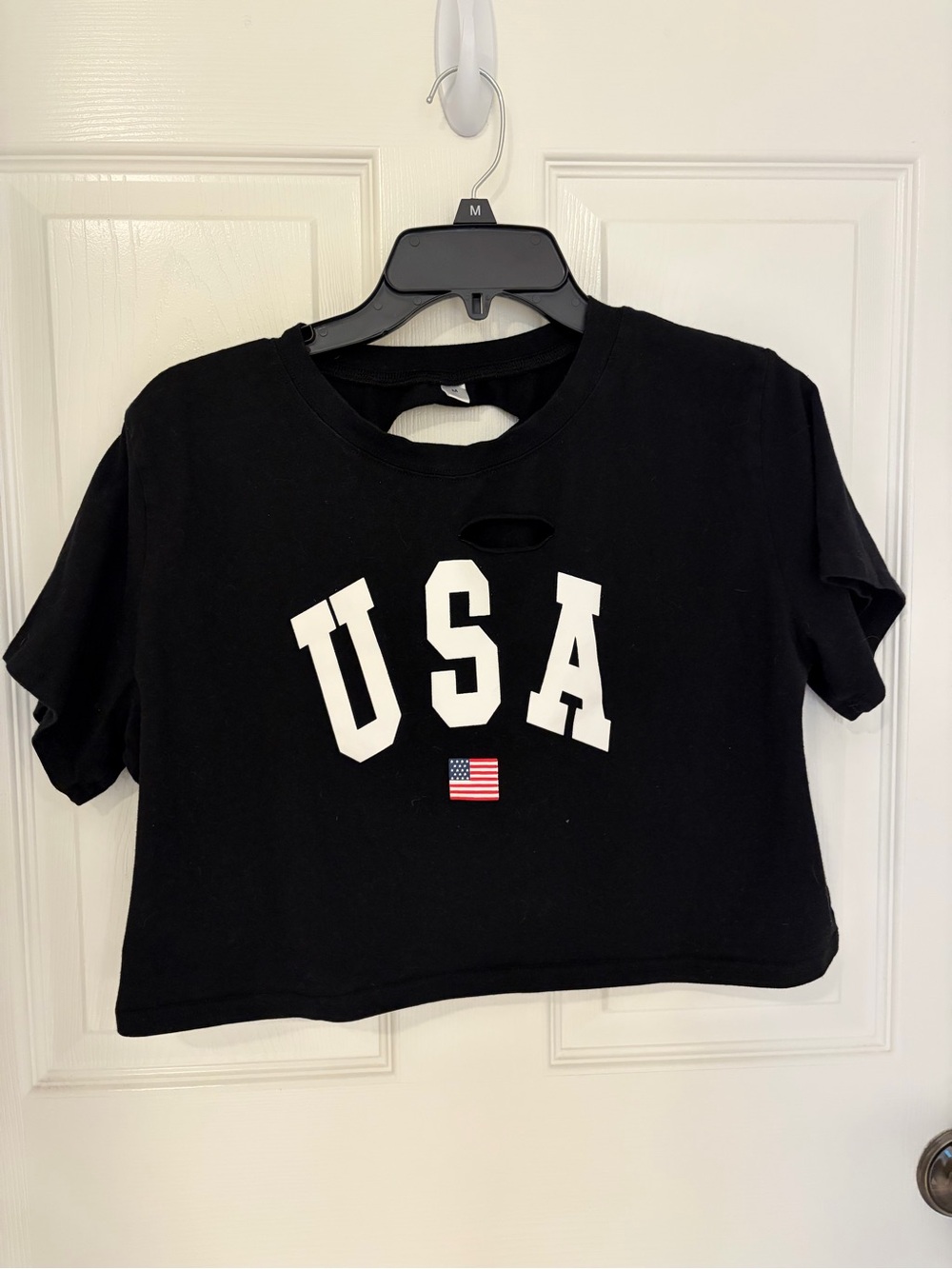 Oversized Black USA Cropped Tee with Flag